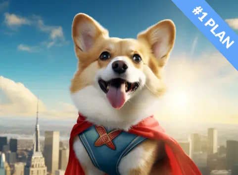 A Corgi dressed as a superhero standing in front of a city skyline