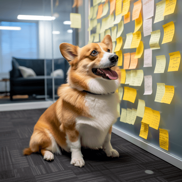 A group of Corgis arranged at a conference table with a city skyline in the background