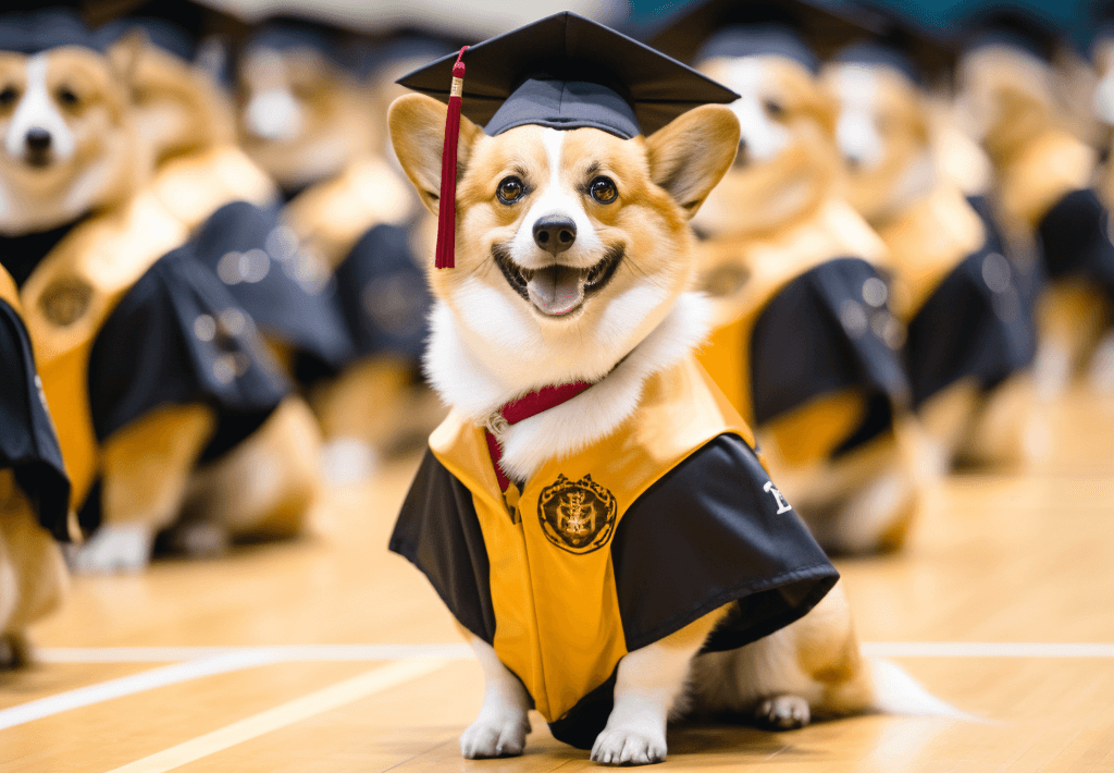 A Corgi seated at a desk, smiling in front of a laptop