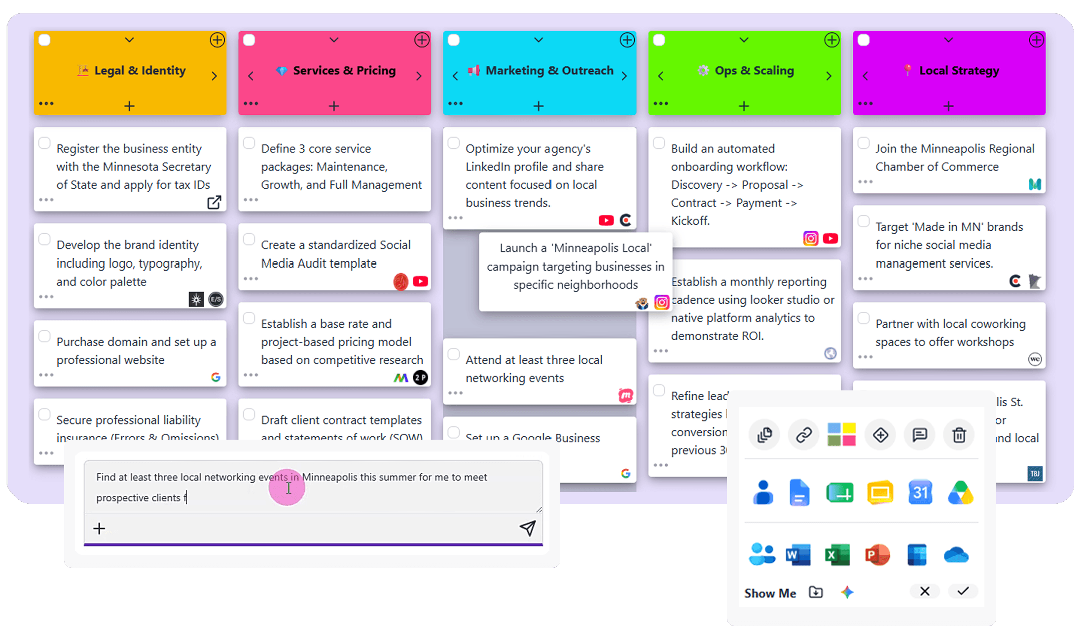 A whiteboard with digital cards containing business organizing to dos and displaying bookmark icons for related sites, with a single card in the forefront with rows of application icons, and a series of application icons to the left and right of the board.