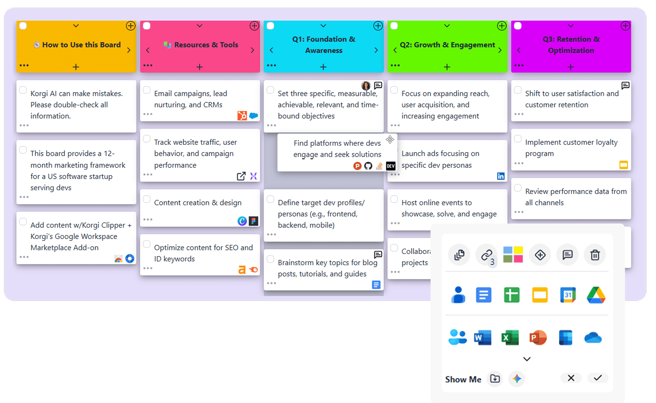 A whiteboard with digital cards containing business organizing to dos and displaying bookmark icons for related sites, with a single card in the forefront with rows of application icons, and a series of application icons to the left and right of the board. A whiteboard with digital cards containing business organizing to dos and displaying bookmark icons for related sites, with a single card in the forefront with rows of application icons, and a series of application icons to the left and right of the board.