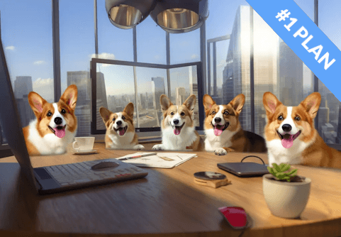 A group of Corgis arranged at a conference table with a city skyline in the background